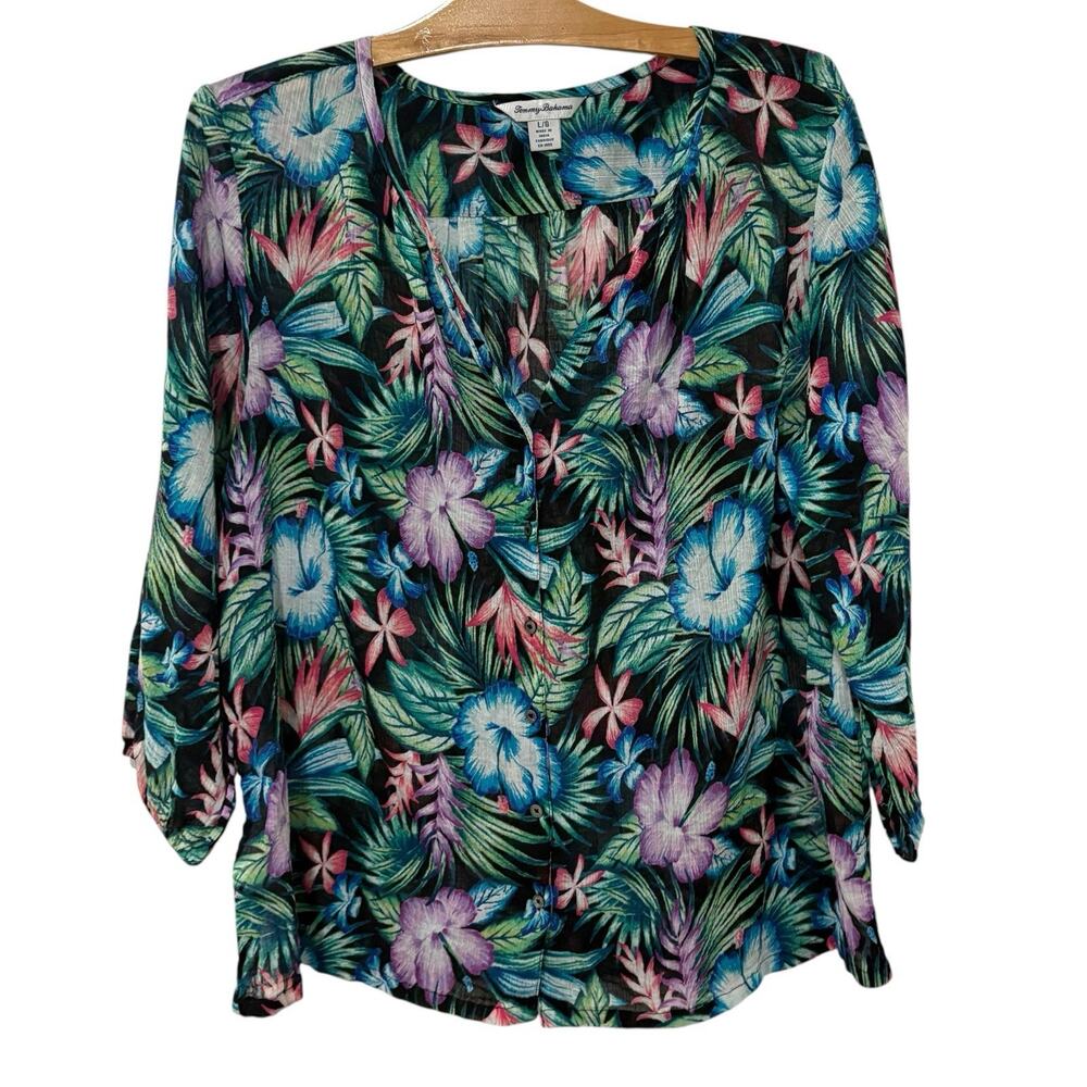Tommy Bahama | Top Floral Button Front V Neck 3/4 Sleeves Cotton- Large